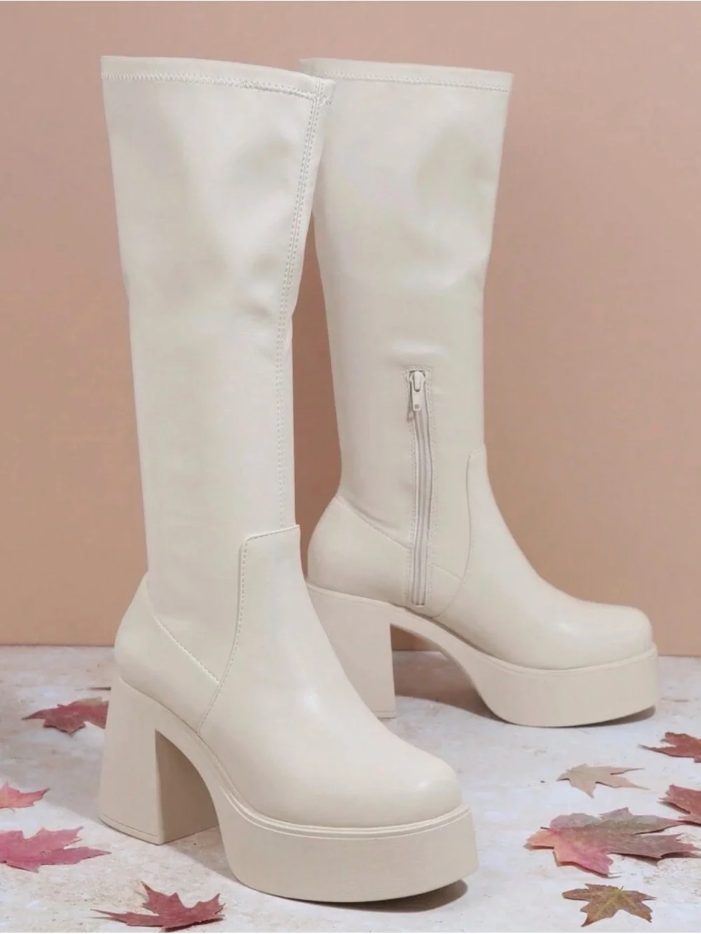 SHEIN Cream Platform Over-the-Knee Block Heel Boots with Side Zip